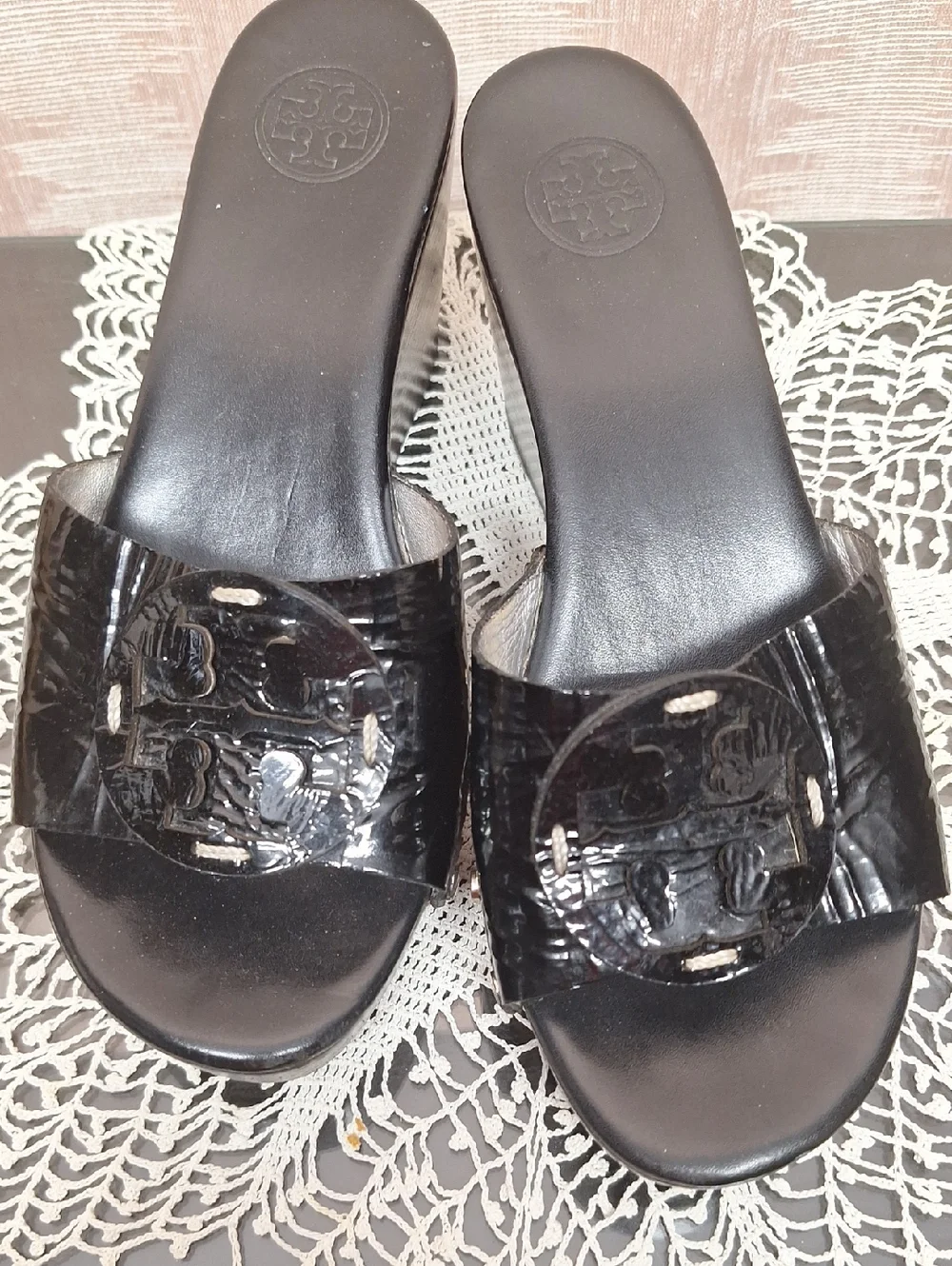 Tory Burch Black Patent Slide Mules with Logo Medallion